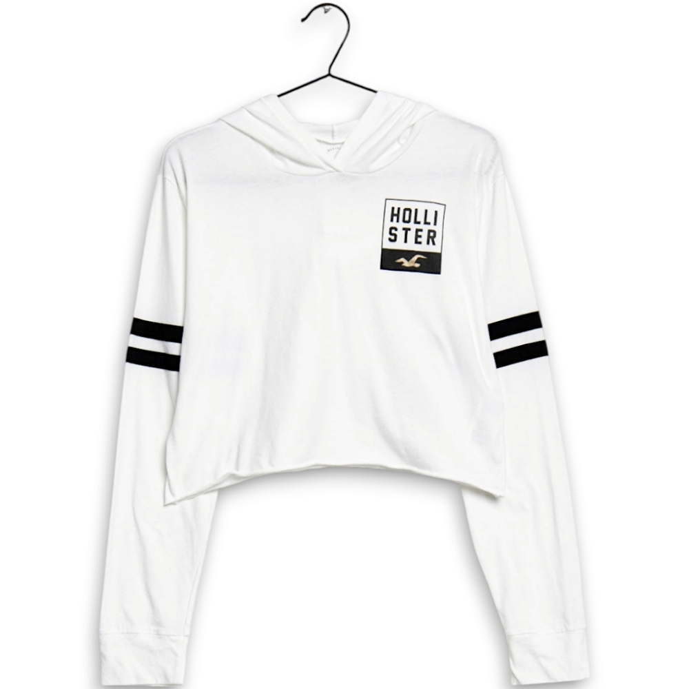 Hollister white hoodie cropped (M) black striped long sleeves sporty casual